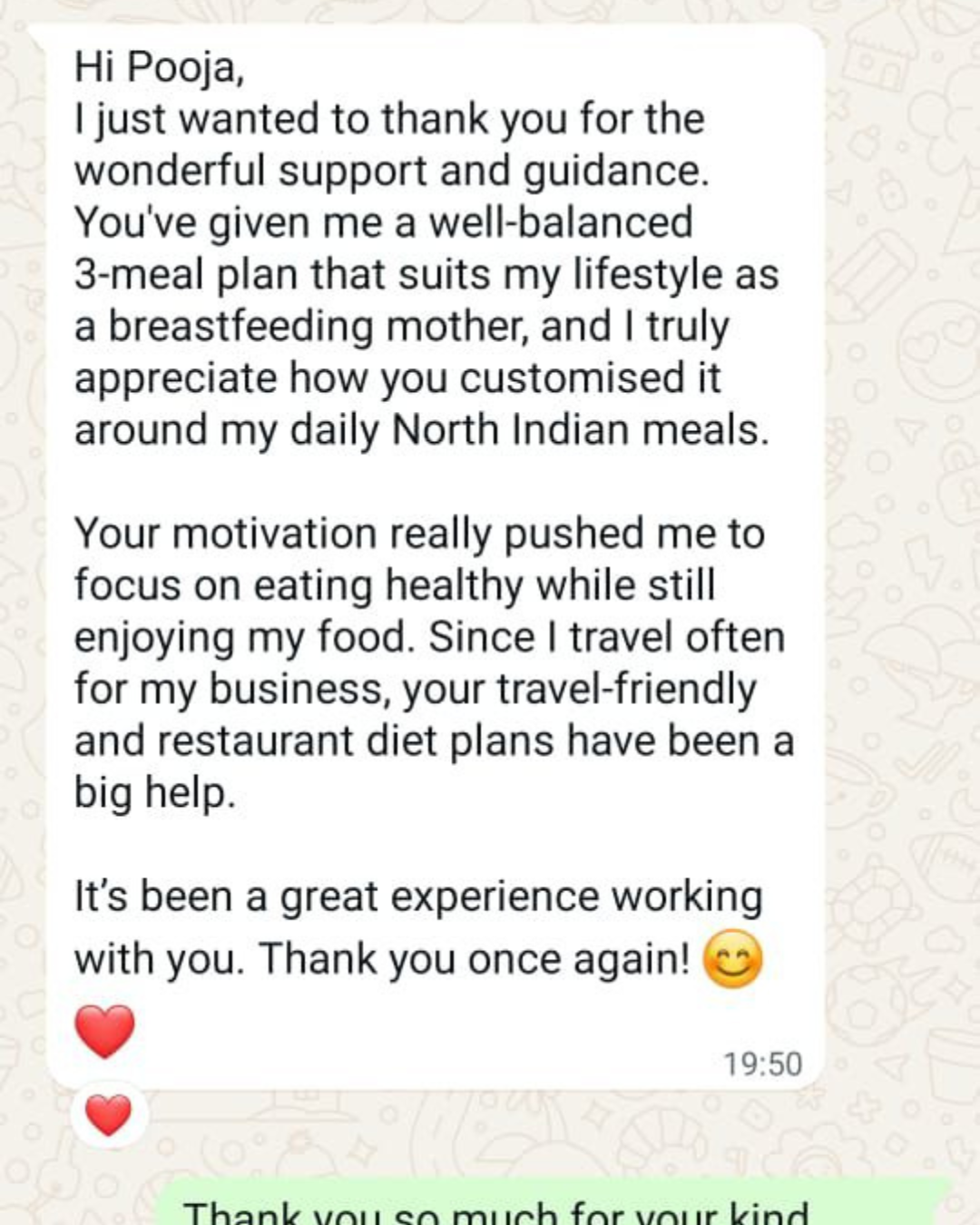 Client testimonial — customized diet plan and travel-friendly guidance